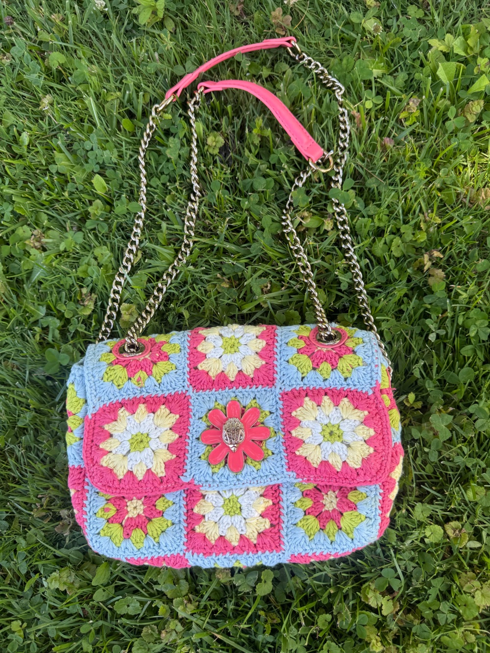Kurt Geiger Crochet Floral Shoulder Bag in Pink, Blue, Green, Cream